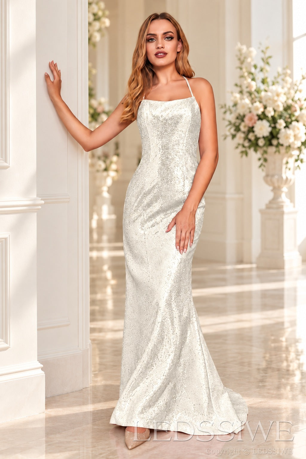 Ivory crepe mermaid prom dress with lace-up open back