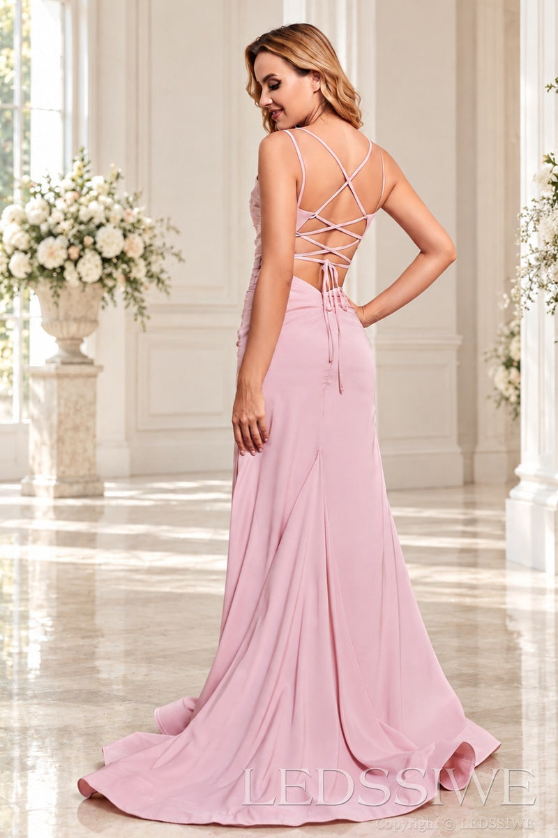 Pink ruched satin mermaid prom dress with slit and lace-up back lace-up open back detail