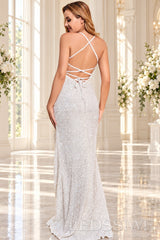 White sequin mermaid prom dress with slit and lace-up back lace-up open back detail