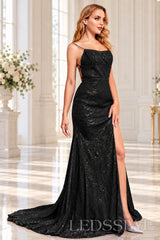 Black sequin mermaid prom dress with slit train and lace-up back