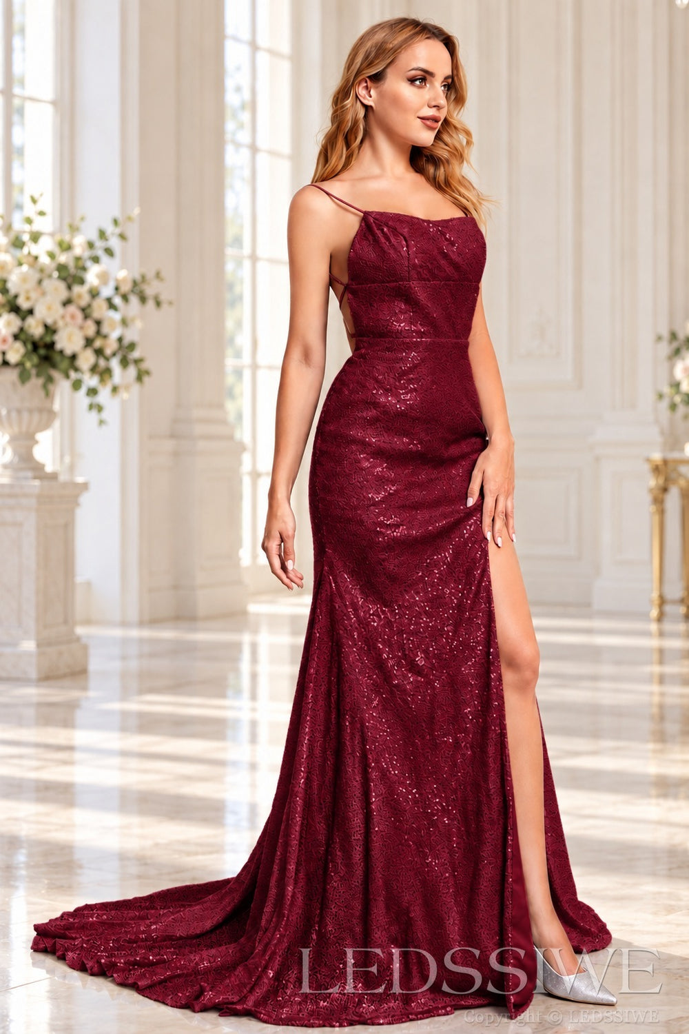 Burgundy sequin mermaid prom dress with slit train and lace-up back