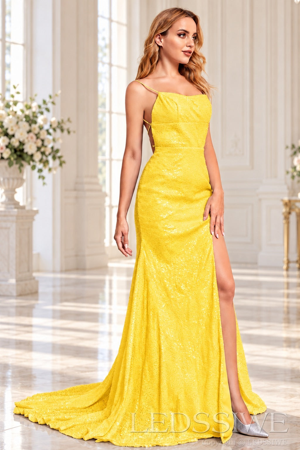 Daffodil sequin mermaid prom dress with slit train and lace-up back