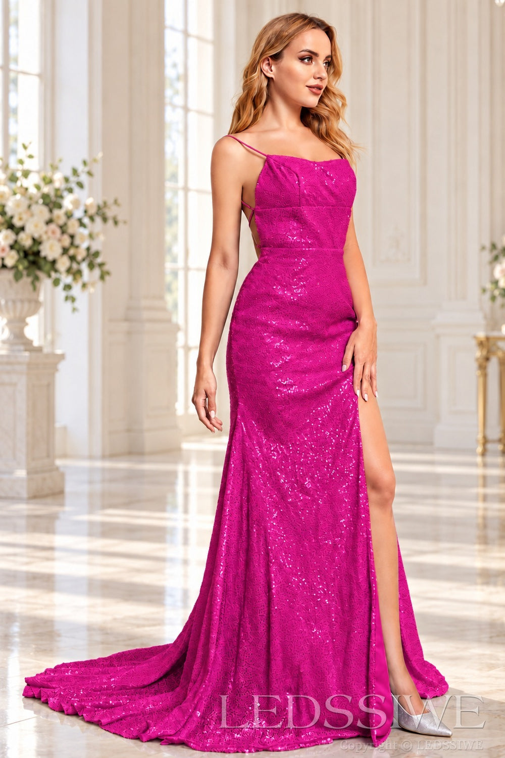 Fuchsia sequin mermaid prom dress with slit train and lace-up back