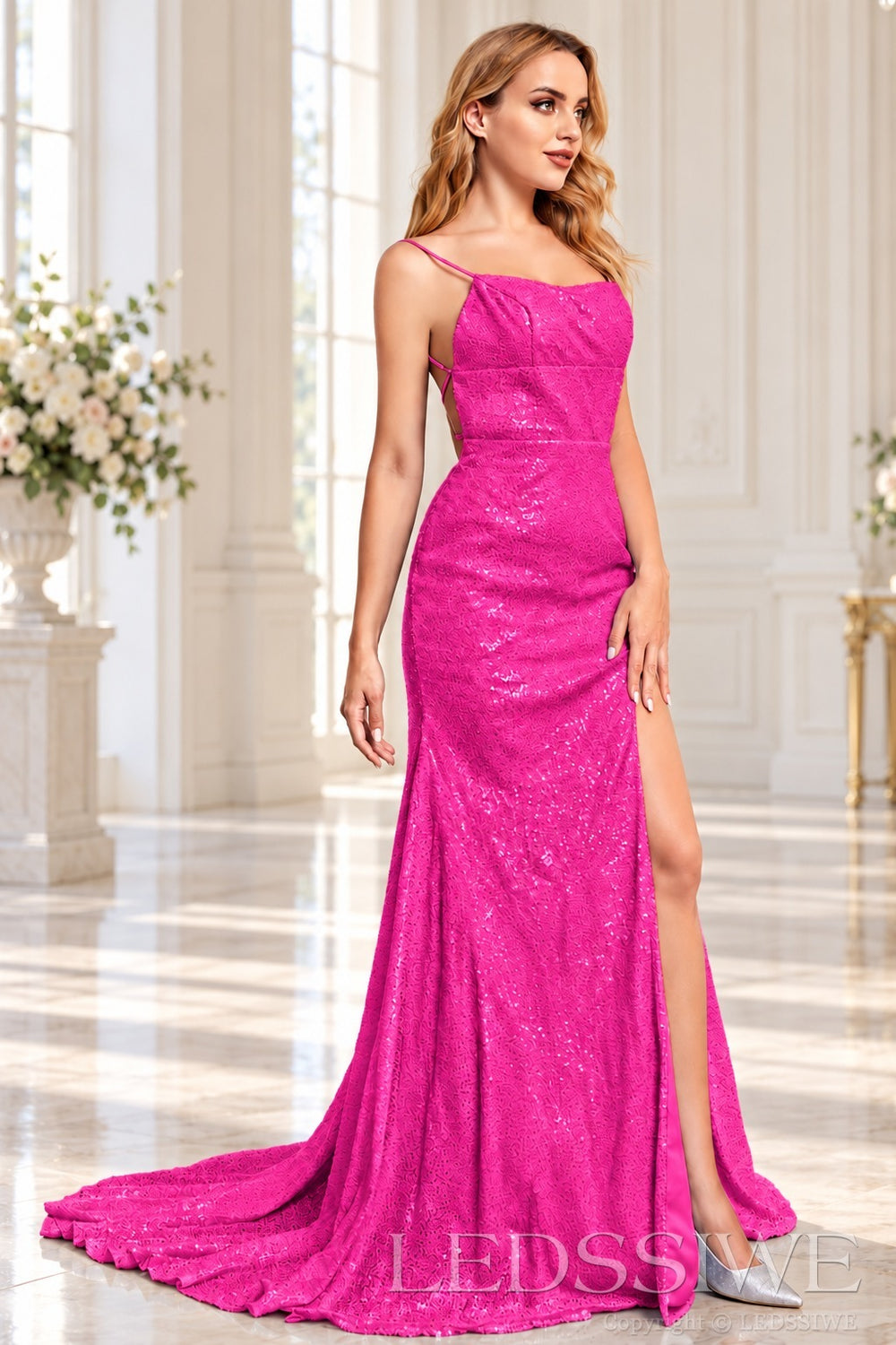 Hot-Pink sequin mermaid prom dress with slit train and lace-up back