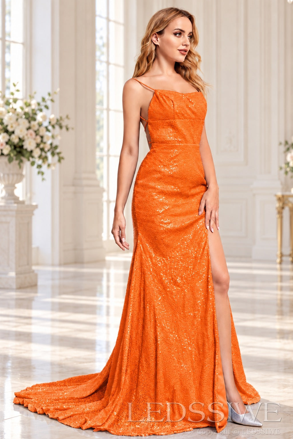 Orange sequin mermaid prom dress with slit train and lace-up back