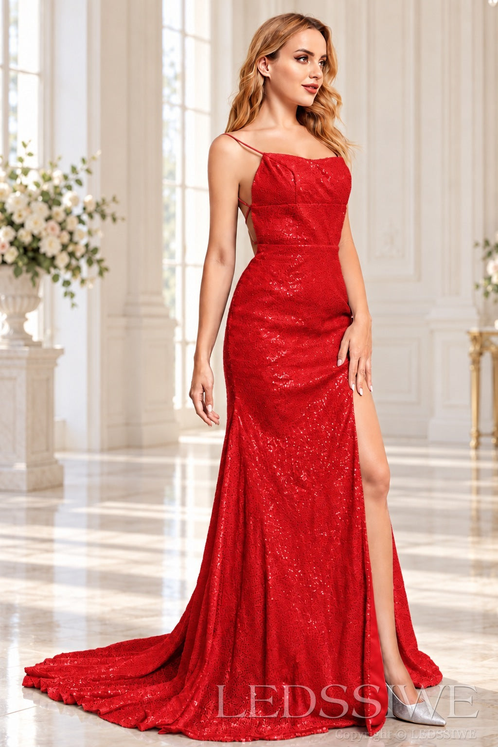 Red sequin mermaid prom dress with slit train and lace-up back