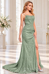 Sage sequin mermaid prom dress with slit train and lace-up back