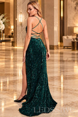 Dark Green sequin mermaid prom dress with slit train and lace-up back lace-up open back detail