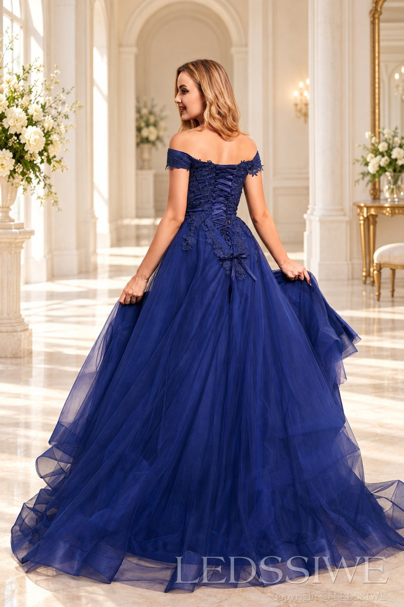 Navy Blue off the shoulder lace tulle ball gown with slit and lace up back lace-up corset back detail