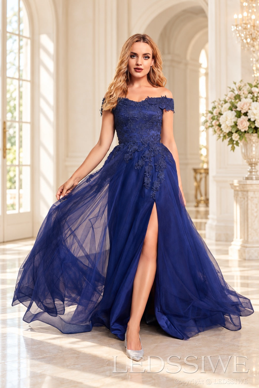 Navy Blue off the shoulder lace tulle ball gown with slit and lace up back side view with slit and train
