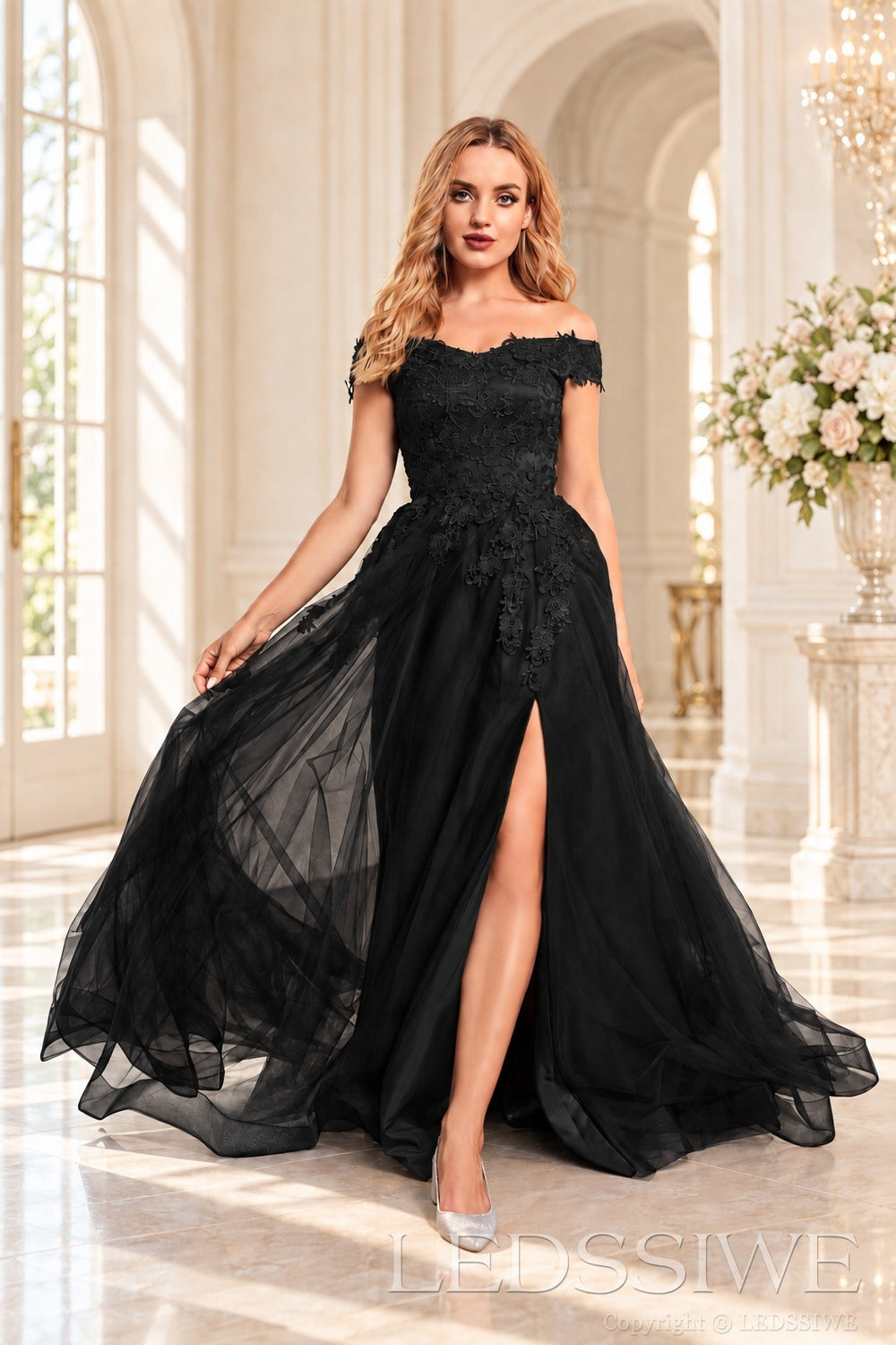 Black off the shoulder lace tulle ball gown with slit and lace up back