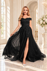 Black off the shoulder lace tulle ball gown with slit and lace up back