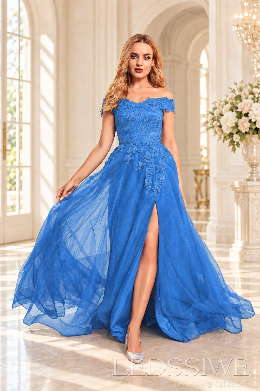 Blue off the shoulder lace tulle ball gown with slit and lace up back
