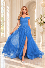 Blue off the shoulder lace tulle ball gown with slit and lace up back