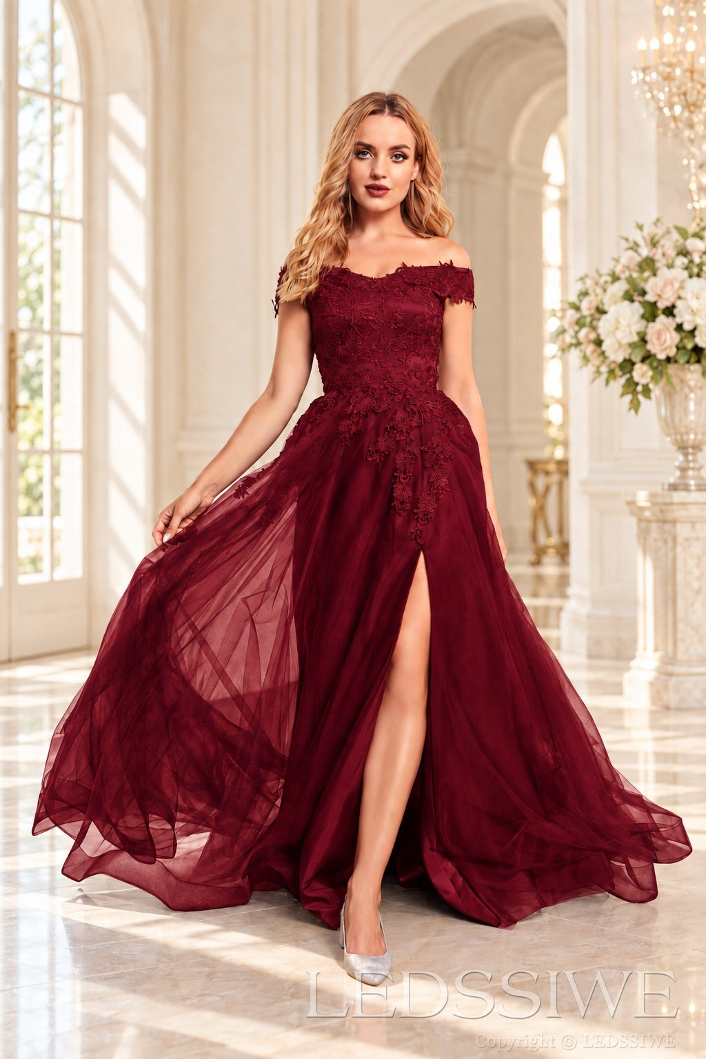 Burgundy off the shoulder lace tulle ball gown with slit and lace up back