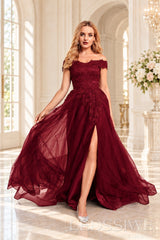 Burgundy off the shoulder lace tulle ball gown with slit and lace up back