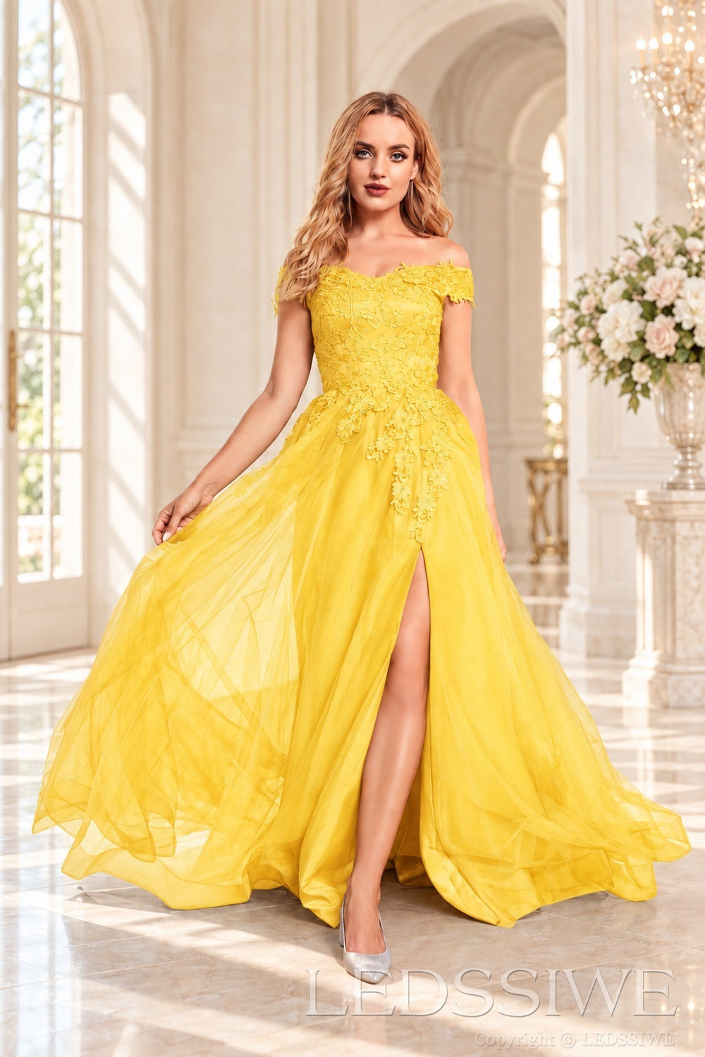 Daffodil off the shoulder lace tulle ball gown with slit and lace up back