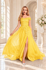 Daffodil off the shoulder lace tulle ball gown with slit and lace up back