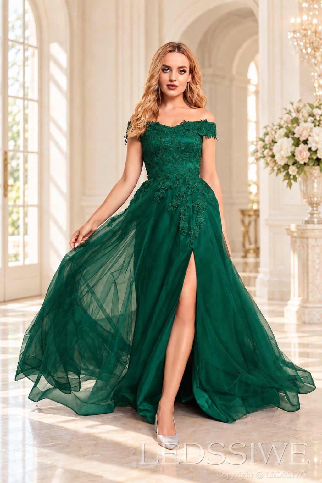 Emerald off the shoulder lace tulle ball gown with slit and lace up back
