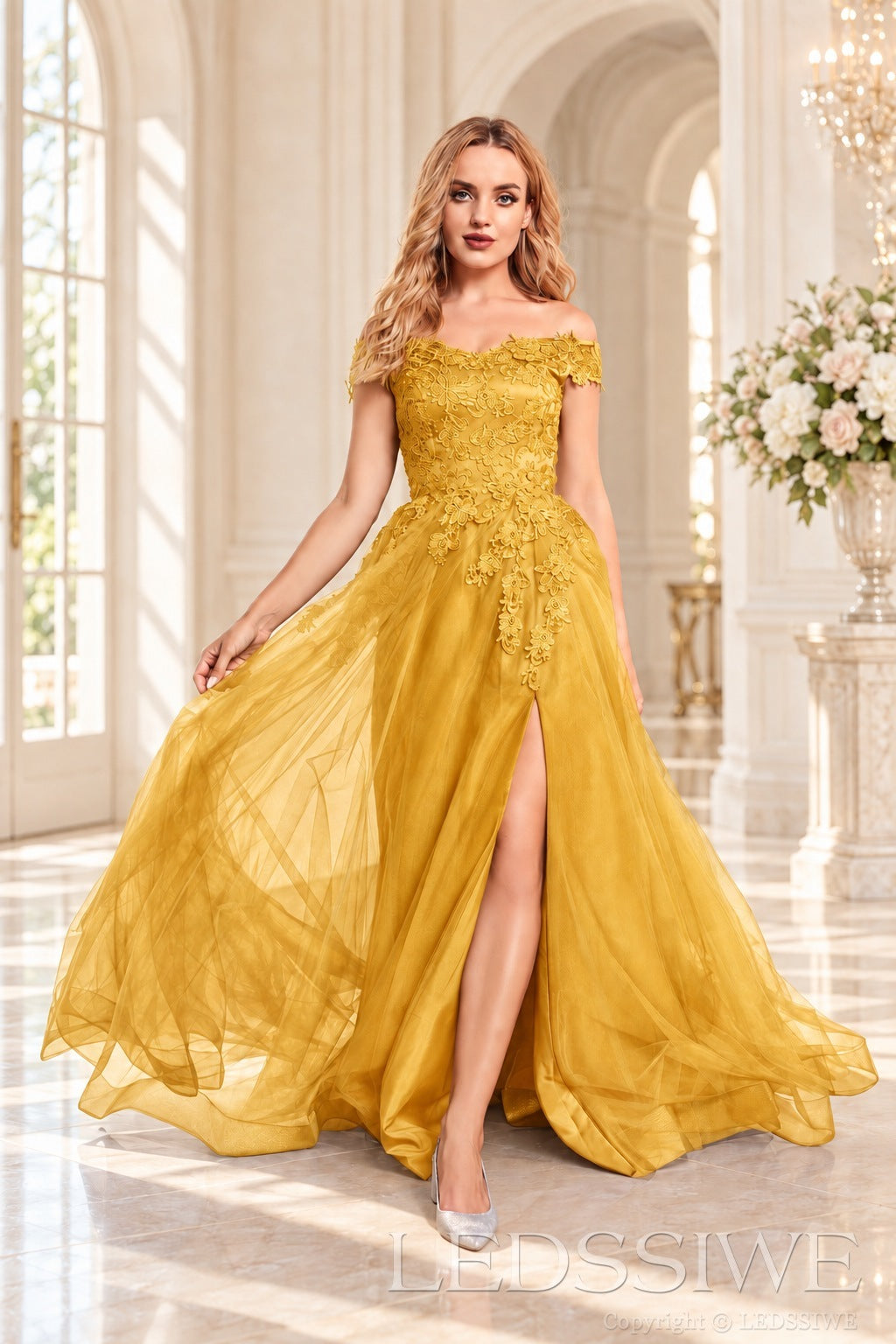 Gold off the shoulder lace tulle ball gown with slit and lace up back