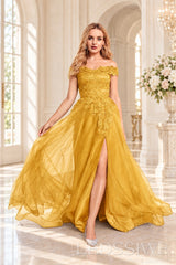 Gold off the shoulder lace tulle ball gown with slit and lace up back