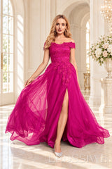 Hot-Pink off the shoulder lace tulle ball gown with slit and lace up back