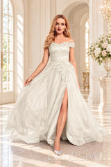 Ivory off the shoulder lace tulle ball gown with slit and lace up back