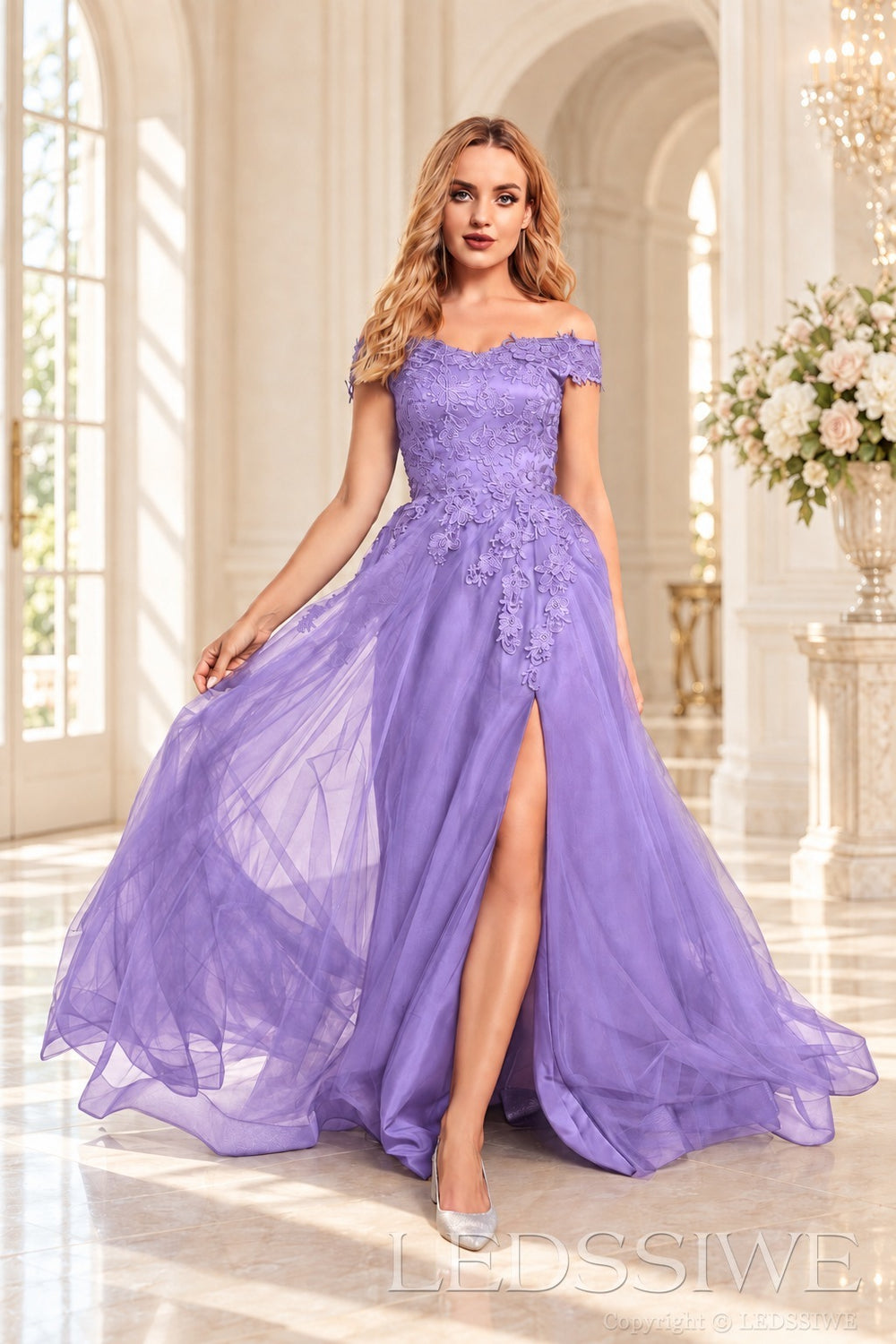 Lavender off the shoulder lace tulle ball gown with slit and lace up back