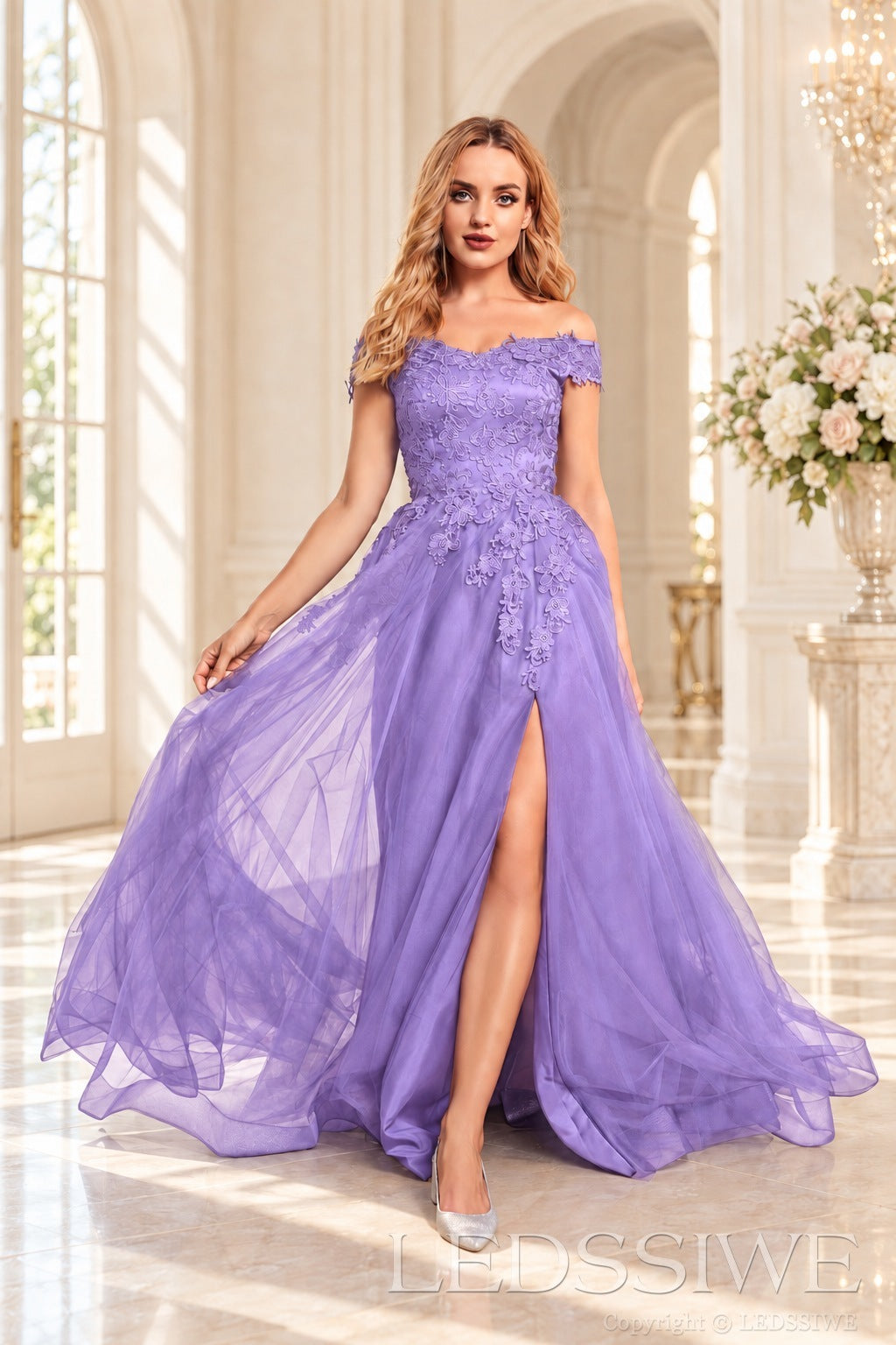 Lavender off the shoulder lace tulle ball gown with slit and lace up back
