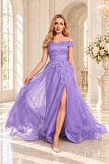 Lavender off the shoulder lace tulle ball gown with slit and lace up back