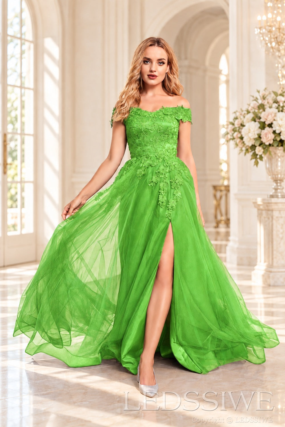 Lime-Green off the shoulder lace tulle ball gown with slit and lace up back