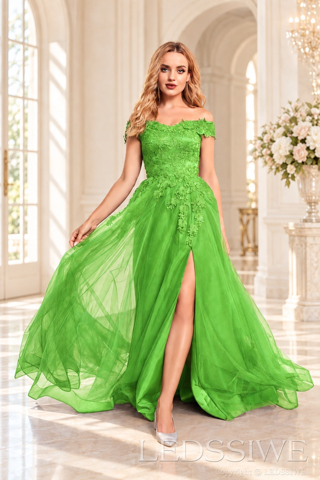 Lime-Green off the shoulder lace tulle ball gown with slit and lace up back