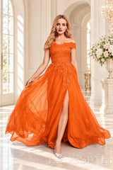 Orange off the shoulder lace tulle ball gown with slit and lace up back