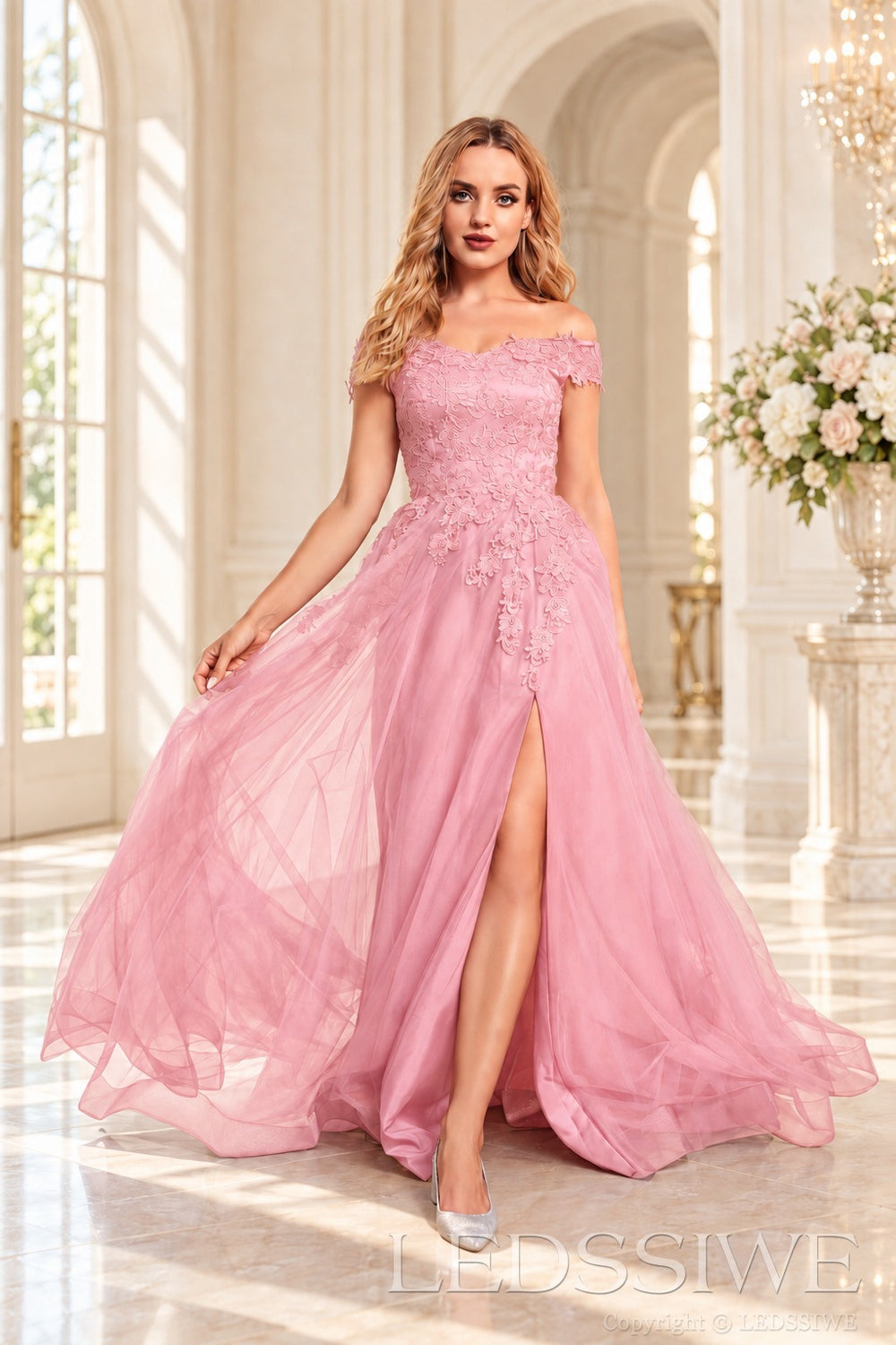 Pink off the shoulder lace tulle ball gown with slit and lace up back