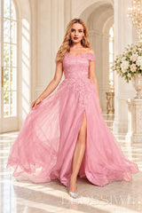 Pink off the shoulder lace tulle ball gown with slit and lace up back