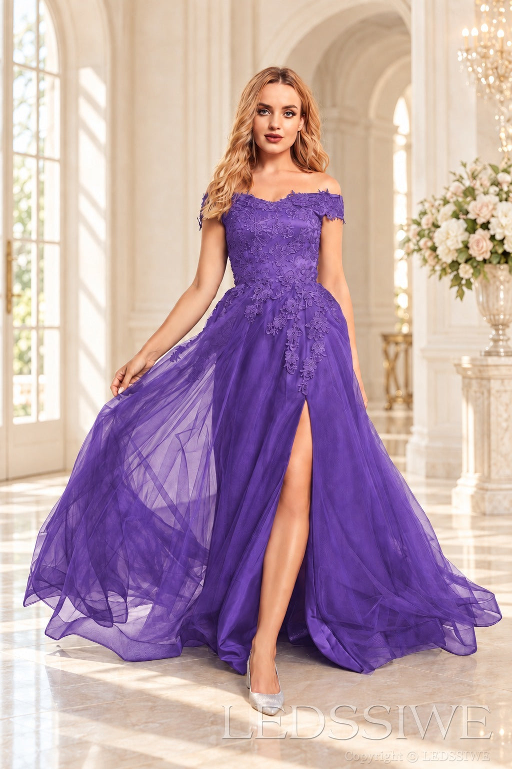 Purple off the shoulder lace tulle ball gown with slit and lace up back