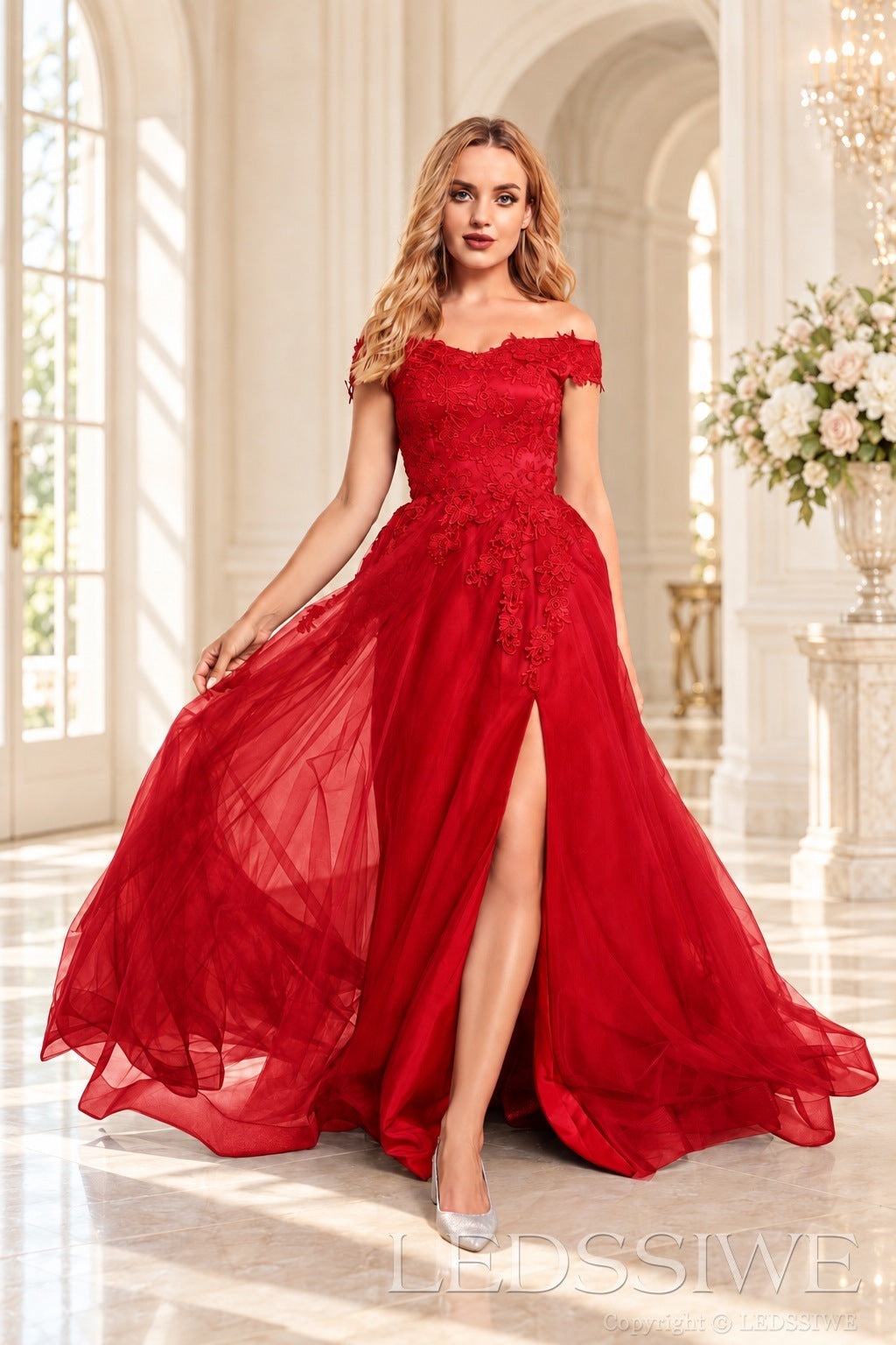 Red off the shoulder lace tulle ball gown with slit and lace up back