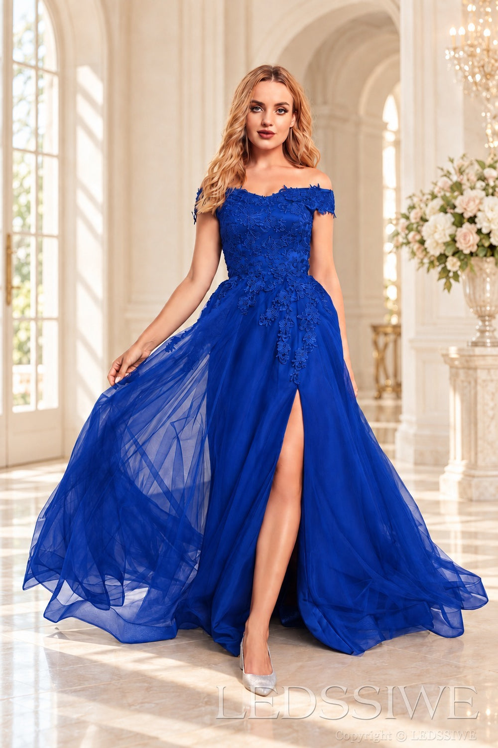 Royal-Blue off the shoulder lace tulle ball gown with slit and lace up back