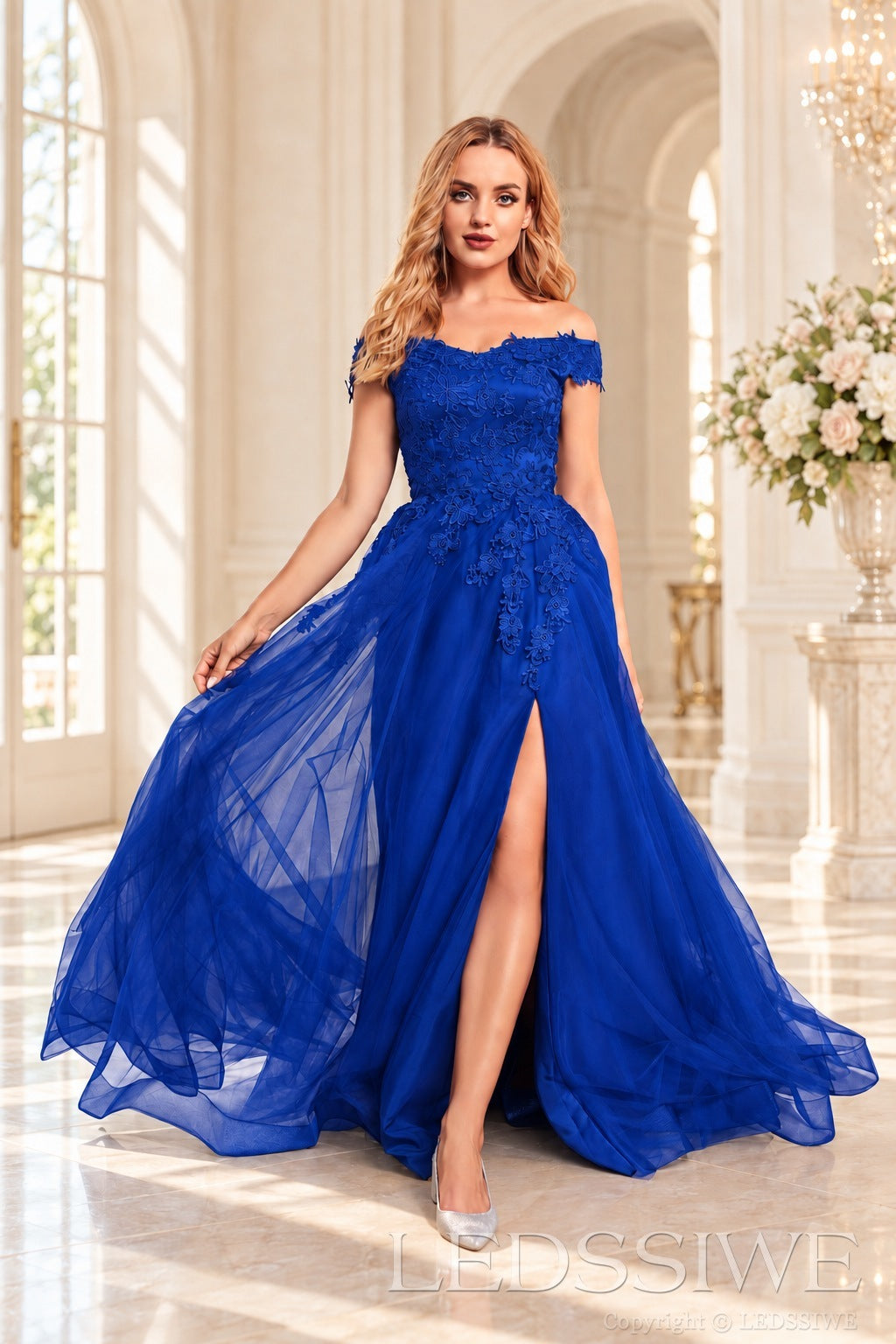 Royal-Blue off the shoulder lace tulle ball gown with slit and lace up back