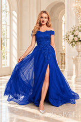 Royal-Blue off the shoulder lace tulle ball gown with slit and lace up back