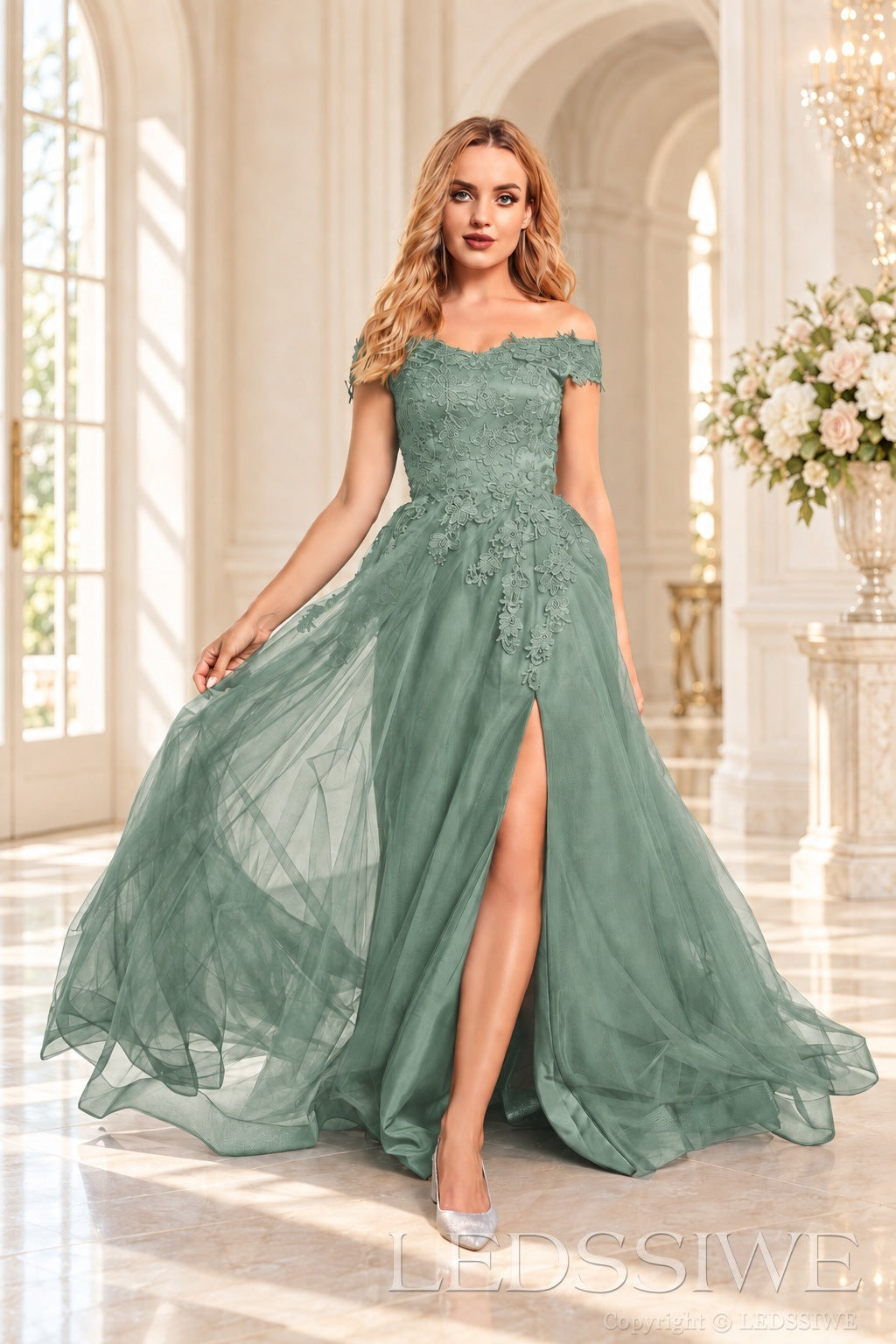 Sage off the shoulder lace tulle ball gown with slit and lace up back