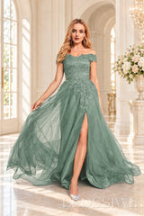 Sage off the shoulder lace tulle ball gown with slit and lace up back