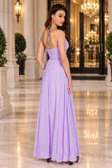 lavender chiffon a-line prom dress with beaded sweetheart bodice and spaghetti strap side view