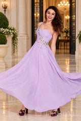 lavender chiffon a-line prom dress with beaded sweetheart bodice and spaghetti strap back view