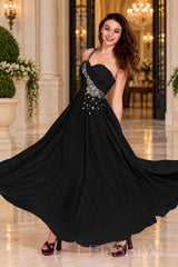 black chiffon a-line prom dress with beaded sweetheart bodice and spaghetti strap