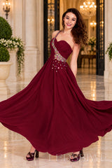 burgundy chiffon a-line prom dress with beaded sweetheart bodice and spaghetti strap