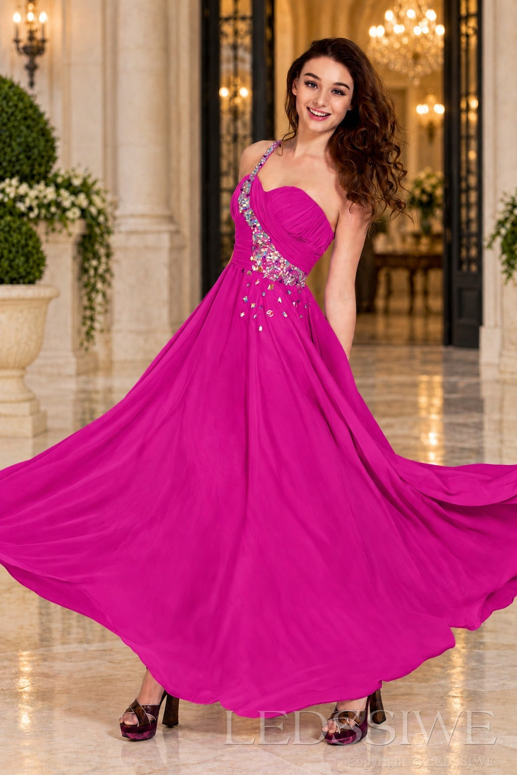 fuchsia chiffon a-line prom dress with beaded sweetheart bodice and spaghetti strap