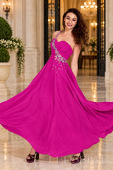 fuchsia chiffon a-line prom dress with beaded sweetheart bodice and spaghetti strap