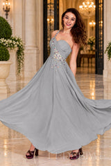 grey chiffon a-line prom dress with beaded sweetheart bodice and spaghetti strap