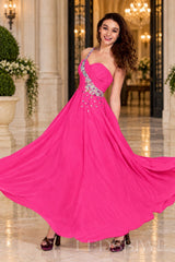 hot-pink chiffon a-line prom dress with beaded sweetheart bodice and spaghetti strap